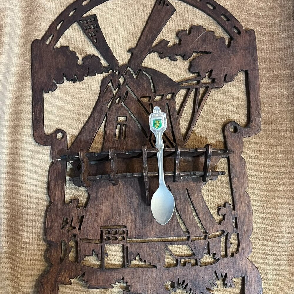 Antique Dutch Windmill Spoon Rack Handcrafted Delft Wood Wall Decor Vintage